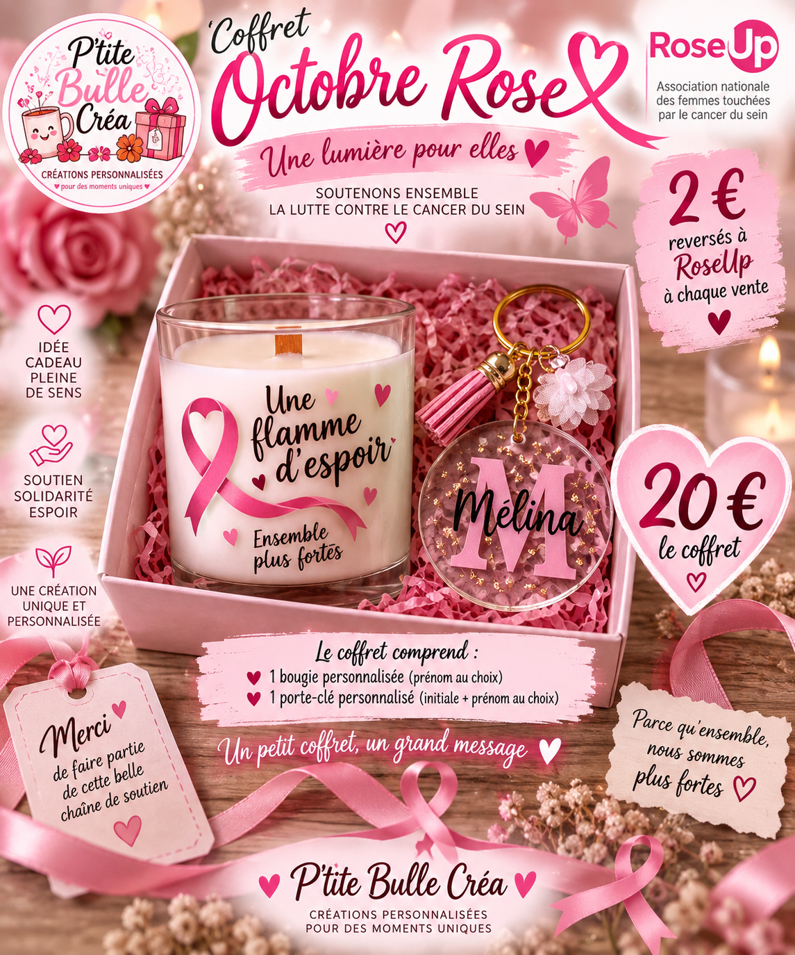 🎀 Coffret Octobre Rose – Bougie & Porte-clé personnalisé 🎀