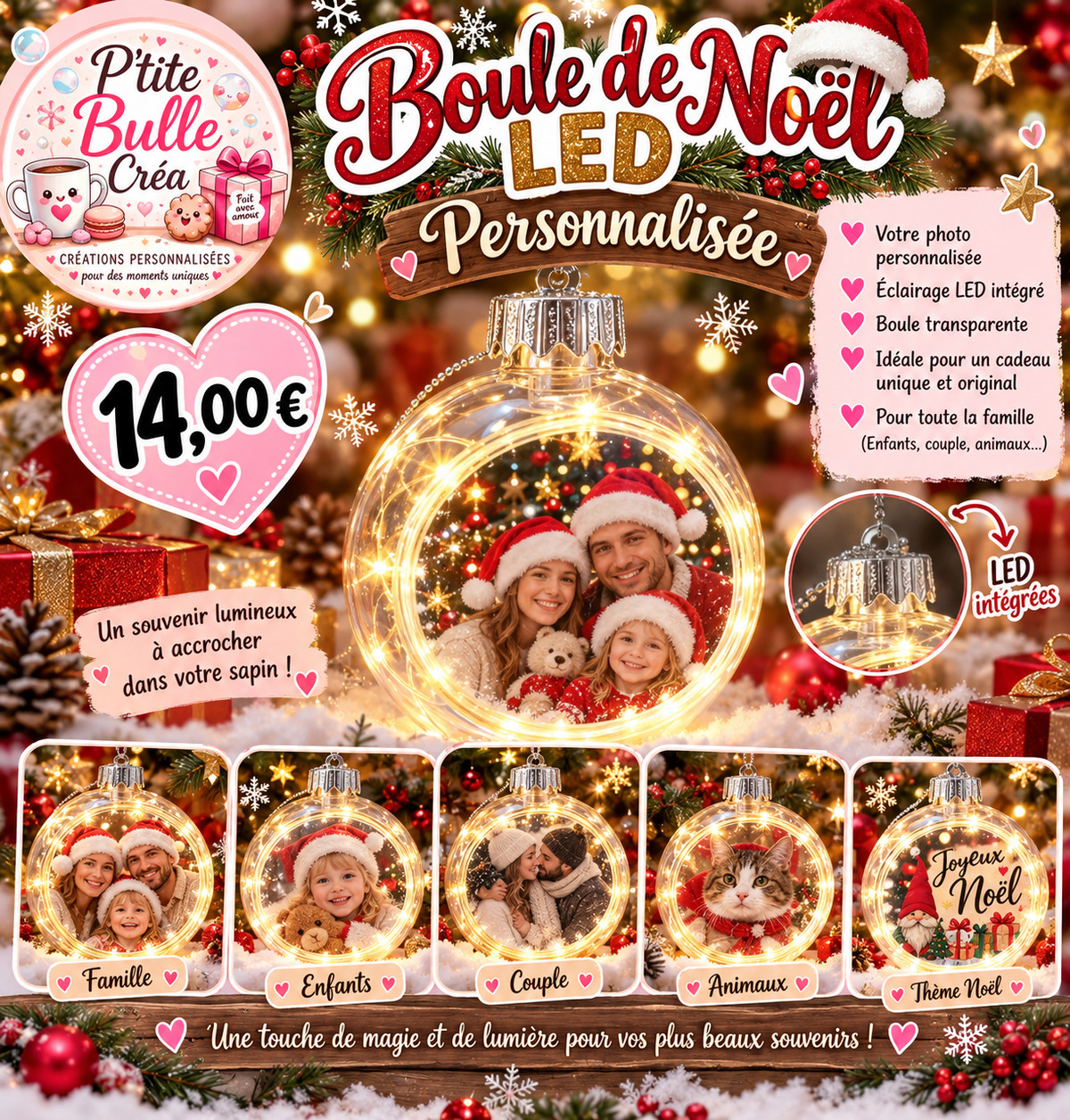🎄✨ Boule de Noël LED Personnalisée ✨🎄