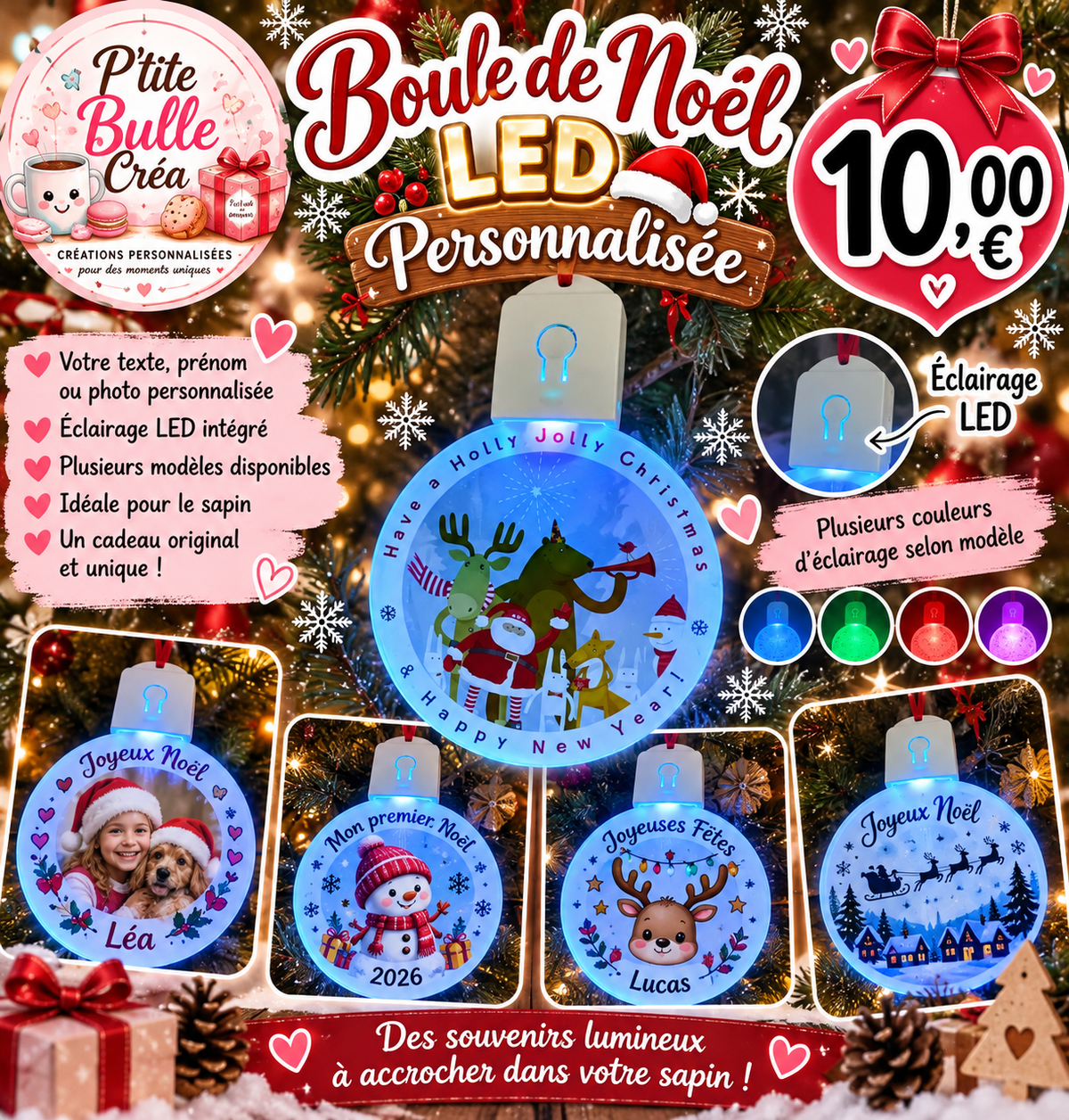 🎄✨ Boule de Noël LED Plate Personnalisée ✨🎄