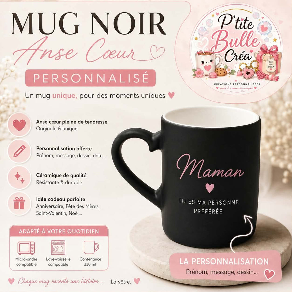 Mug noir anse coeur